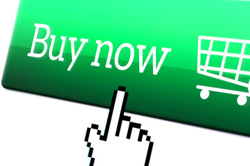 Online shopping and e commerce concept. Pixel hand cursor point and push a buy now button on an internet store. Macro close up.