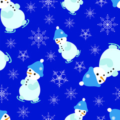Seamless pattern with snowman on skates and snowflakes on a blue background