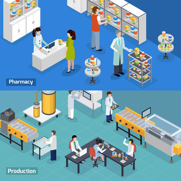 Pharmaceutical Production 2 Isometric Banners