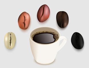 Cup of coffee and coffee beans vector 3d realistic illustration