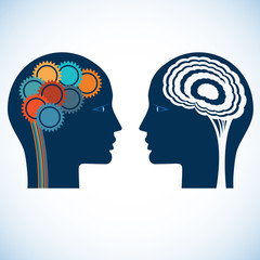 Gear wheels and a brain, rational and creative thinking heads of two people