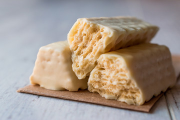 White Chocolate Wafer on wooden surface.