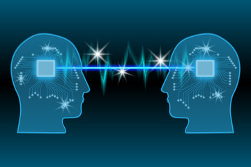 Teamwork and Leadership with education symbol represented by two human heads shaped with Glowing Neon Lights and Microcircuits representing the concept of intellectual communication through technology