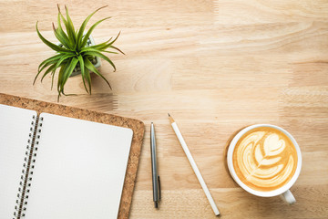 Working space with wood office desk table and supplies.Business flat lay background