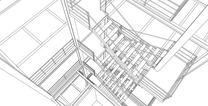 Modern industrial interior with stairway. Architectural 3D background. Vector blueprint.