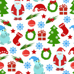 Seamless pattern background with Christmas items, snowflakes, Santa on a white background..