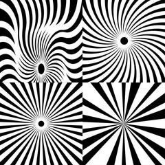 Psychedelic spiral with radial rays, swirl, twisted comic effect, vector set.