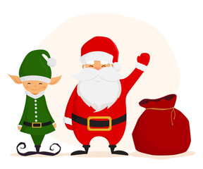 Funny Santa Claus with a gift bag and Christmas elf. Merry Christmas and Happy New Year design. Cute character design. Vector illustration.