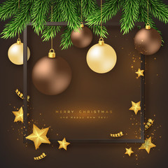 Merry Christmas holiday background with bauble, fir-tree and frame. Glitter glowing design, black background. Vector illustration.