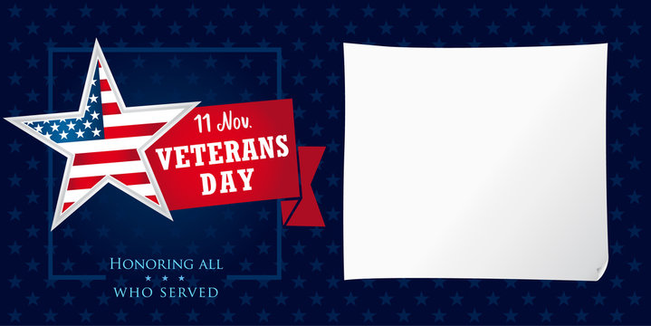 Veterans day USA, Honoring all who served card. Veterans day greeting banner with star, paper and typographic design on navy blue background. Vector illustration