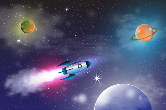 Space exploration with retro rocket planets and stars on dark background with rays and flares vector illustration.