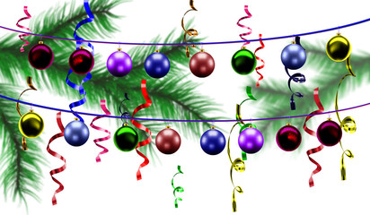 Christmas toys on a background of blurred Christmas tree branches and confetti
