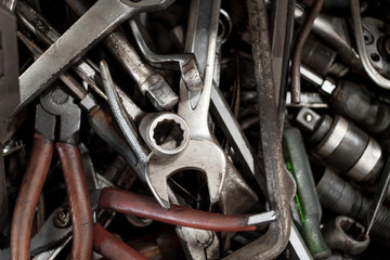 Background and texture of old tools in toolbox. Wrench, screwdriver and pliers in tool box.