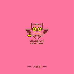 Art hipster logo on a pink logo. Owl with a brush on a pink background.