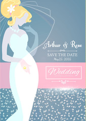 Wedding Invitation. Blonde Bride in Wedding Dress. Bridal Shower. Vector illustration