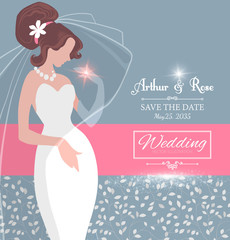 Obraz na płótnie Canvas Wedding Invitation. Brunette Bride in Wedding Dress. Bridal Shower. Vector illustration