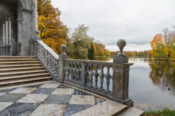 Autumn forest in Pushkin, marble bridge, Saint-Petersburg, Russia