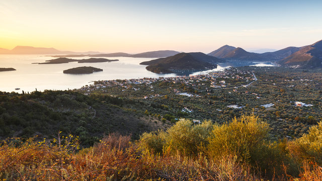 Morning view of Nydri village on Lefkada island and several islands, Greece.
