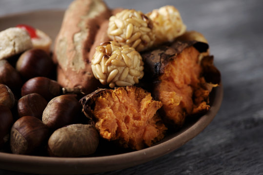 sweet potato, chestnuts and Catalan panellets
