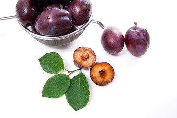 Steel colander with ripe plums, whole and half ripe plums with leaf isolated on a white background..
