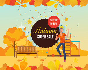 Autumn super sale background with colorful seasonal leaves.