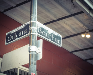 Bourbon Street Sign in New Orleans, the world famous Bourbon Street at French Quarter as party...