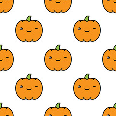 Seamless halloween pattern with winking kawaii style pumpkins on white background.
