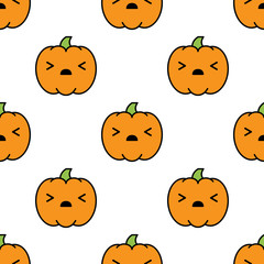 Seamless halloween pattern with scared kawaii style pumpkins on white background.