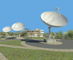 Obraz premium Satellite communication earth station 3D illustration. Architectural model. Collection.