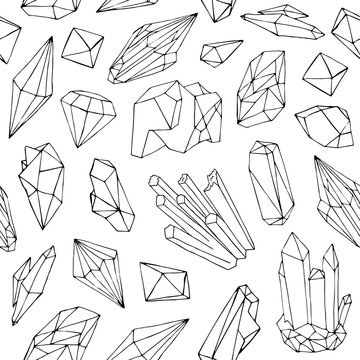Monochrome seamless pattern with beautiful faceted gemstones, mineral crystals, precious natural stones hand drawn with black contour lines on white background