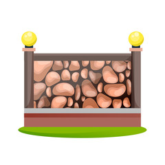 Decorative stone fences with lanterns. Exterior, appearance, design of gates.