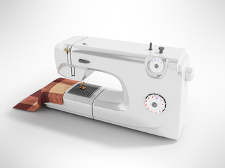 Modern sewing machine with material for seamstresses white perspective 3D render on a gray background