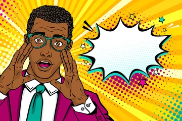 Fotobehang Wow male face. Young surprised afro american man in suit and glasses with open mouth and rising hands screaming announcement and empty speech bubble. Vector background in comic retro pop art style.  © irina_levitskaya