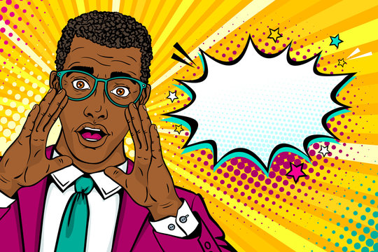Wow male face. Young surprised afro american man in suit and glasses with open mouth and rising hands screaming announcement and empty speech bubble. Vector background in comic retro pop art style. 
