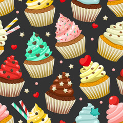 Seamless pattern of yummy colored cupcakes. Vector decorative background with different flavours and kinds