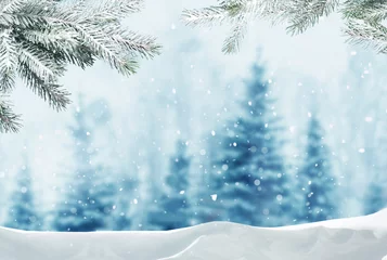 Fotobehang Prettige kerstdagen en gelukkig nieuwjaar begroeting achtergrond met kopie-ruimte. Winterlandschap met sneeuw en kerstbomen © Lilya
