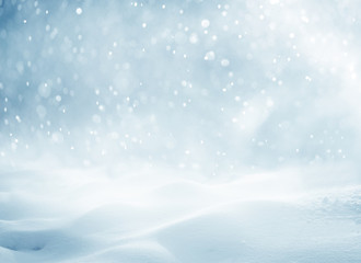 Merry christmas and happy new year greeting card with copy-space.Happy snowman standing in winter christmas landscape.Snow background