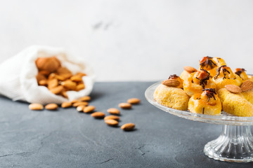 Almond pastry, cookies, biscuits, sweets on a table