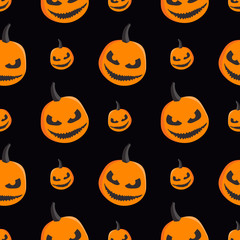 Seamless Halloween Pattern with Pumpkins on black background.