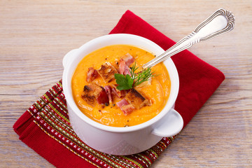 Butternut Squash and Bacon Soup in White Bowl, horizontal
