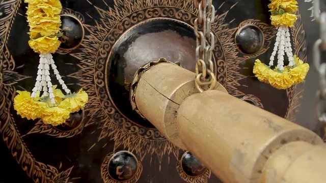 Sacral gong in Wat Saket Ratcha Wora Maha Wihan the Golden Mount . Bangkok Thailand.