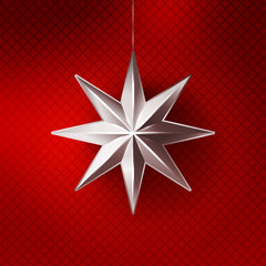 Obraz premium Realistic paper star with shadow on red background. Vector object illustration