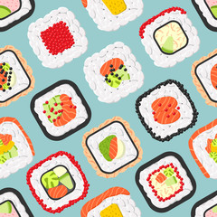 Seamless pattern of cute colored sushi rolls. Vector collection of different flavours and kinds