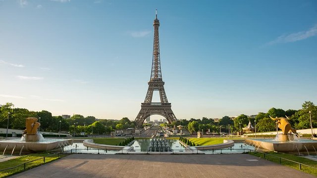 Eiffel Tower video from Trocadero Place on sunrise with fountains on foreground. Left to right panning