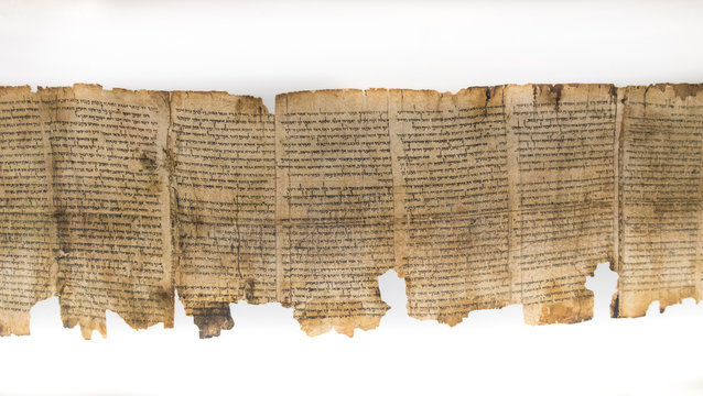 One of Dead Sea Scrolls, displayed in Shrine of the Book. Israel Museum, Jerusalem. Israel.