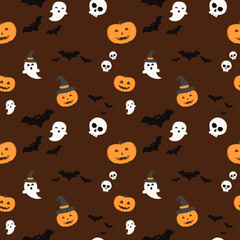 Pattern halloween bats, halloween ghost and hallowen orange pumpkin on dark red background. Hallowen pattern black bats, white ghost and orange pumpkin on dark red background