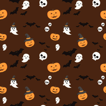 Pattern halloween bats, halloween ghost and hallowen orange pumpkin on dark red background. Hallowen pattern black bats, white ghost and orange pumpkin on dark red background