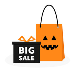 Gift box ribbon and bow. Pumpkin face shopping bag. Present giftbox. Big sale happy halloween advertising banner poster. Special offer. White background. Isolated. Flat design