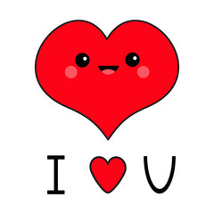 I love you. Red heart face head. Exclamation point. Cute cartoon kawaii funny smiling character. Eyes, mouth, blush cheek. Happy Valentines day symbol. Flat design. Greeting card. White background.