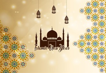 Islamic new year greeting background silhouette mosque
